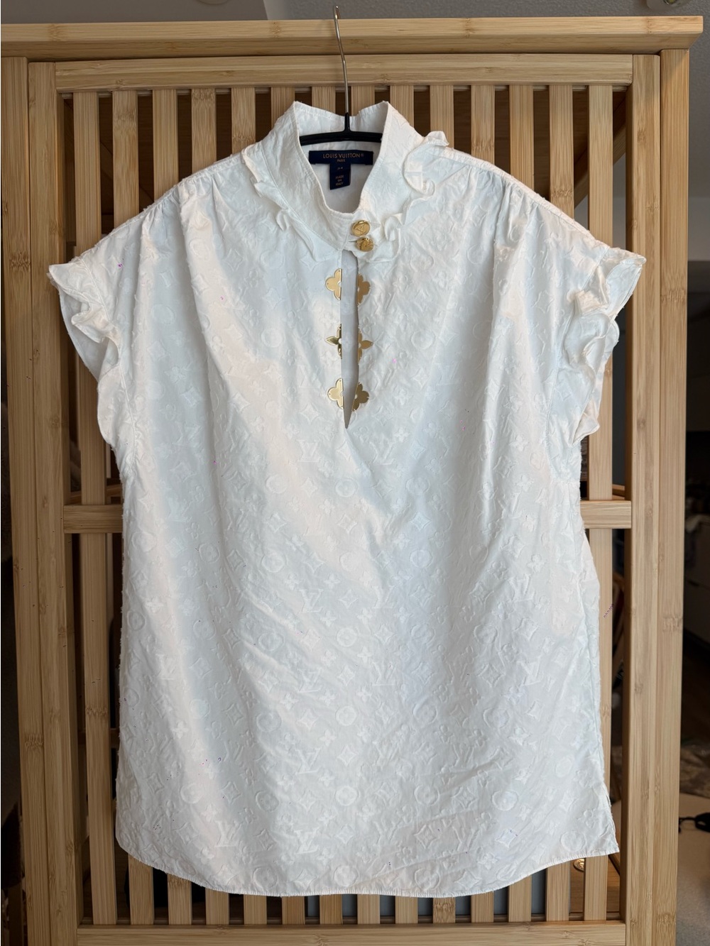 Louis Vuitton White Monogram Ruffled Sleeve Tunic with Gold Accents